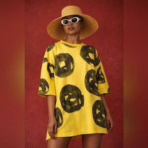 Yellow Short Sleeve Graphic Tee Dress - Oversized Casual Top